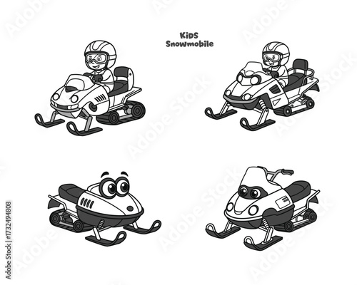 Four whimsical cartoon snowmobiles with happy faces and riders in helmets enjoying winter snow sports and outdoor adventure activities