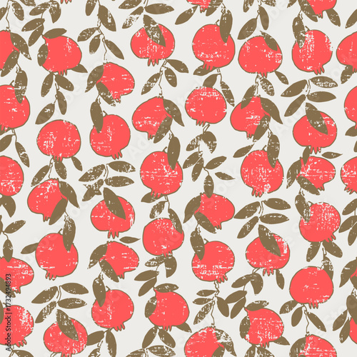 Seamless pattern. Pomegranate tree branches with fruit. Outlined vector illustration on light-colored background for surface design and other design projects Shana Tova