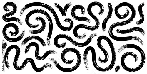 Bold curved lines. Hand drawn bold grunge wavy and swirled set vector