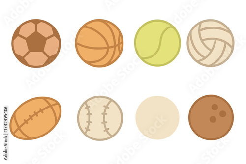 Collection of various sports balls including soccer, basketball, tennis, volleyball, football, baseball, golf, and bowling