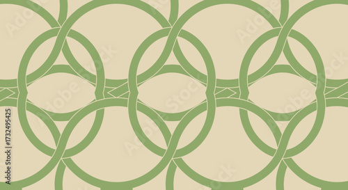 Repeating pattern of interwoven green rings on beige ground