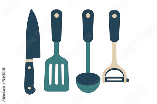 Set of essential kitchen utensils including a knife, spatula, ladle, and peeler for cooking and food preparation