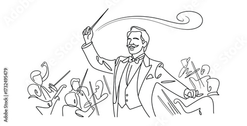 One line art of orchestra conductor leading musicians seamless design