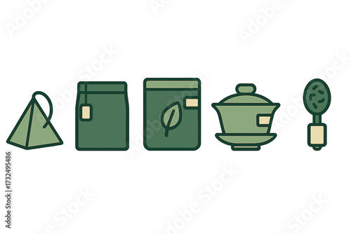 Assortment of tea essentials including pyramid and tagged tea bags, a leaf design pouch, traditional gaiwan, and infuser