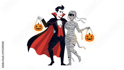 Halloween Duo: In a vibrant illustration, a distinguished vampire and a captivating mummy, each clutching a glowing jack-o'-lantern, embark on a festive Halloween adventure together.