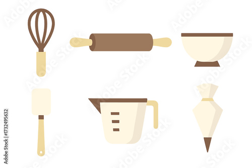 Collection of essential kitchen baking tools including whisk, rolling pin, mixing bowl, spatula, measuring cup, and piping bag