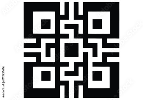 Vector art of stylized qr code pattern with interlocking geometric shapes and squares in black and white, representing data and technology