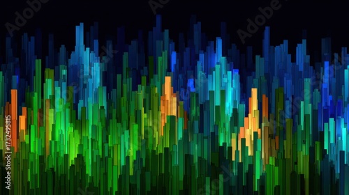 Fototapeta Naklejka Na Ścianę i Meble -  Abstract digital cityscape of colorful vertical bars against a dark background