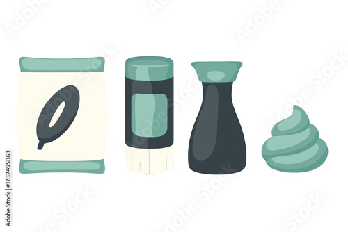 Essential Asian cuisine ingredients including rice, chopsticks, soy sauce, and wasabi paste on white background