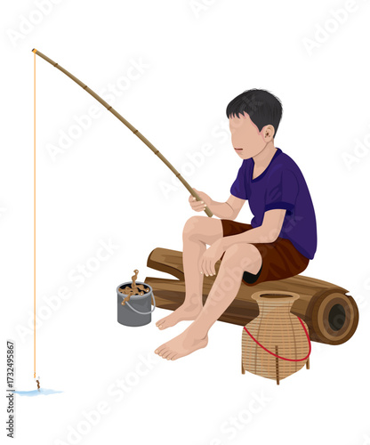 A country boy is sitting and fishing.Cartoon character vector design