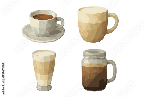 Assortment of popular coffee beverages including espresso, latte, and cappuccino in a contemporary low poly style