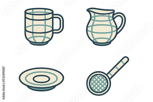 Stylized kitchenware and tableware collection with a mug, pitcher, plate, and slotted spoon in a distinctive grid pattern