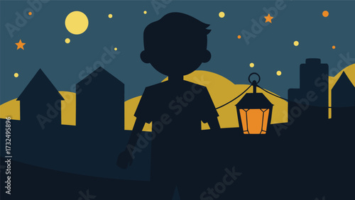 Boy Silhouette with Lantern Overlooking Cityscape Under Starry Night Sky Illustration