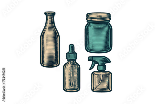 Eco-friendly reusable glass bottles, jars, dropper, and spray containers for sustainable product packaging and home use
