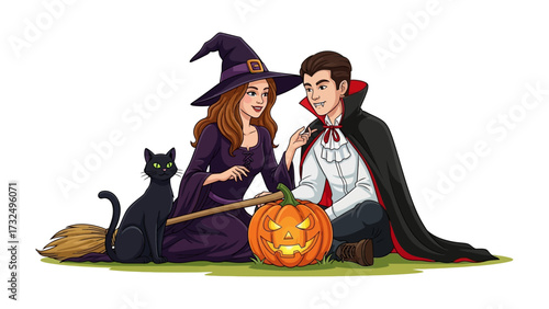 Spooky Halloween Encounter: A witch and a vampire share an intimate moment near a carved pumpkin, a broom, and a black cat, all against the backdrop of the spooky Halloween night.