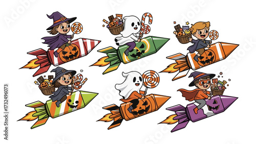 Halloween Rocket Riders: A whimsical Halloween scene, featuring a crew of trick-or-treaters aboard decorated rockets soaring through the spooky night sky.
