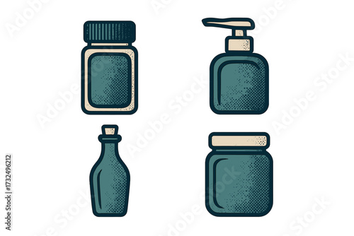 Stylized set of health and beauty product packaging including bottles, jars, and dispensers with halftone effect