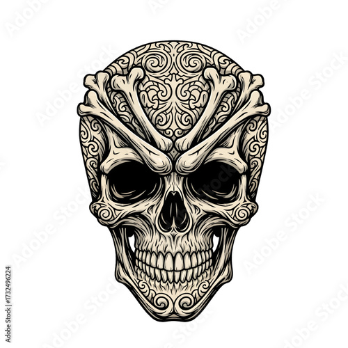 Intricate skull illustration with bone accents and detailed patterns.