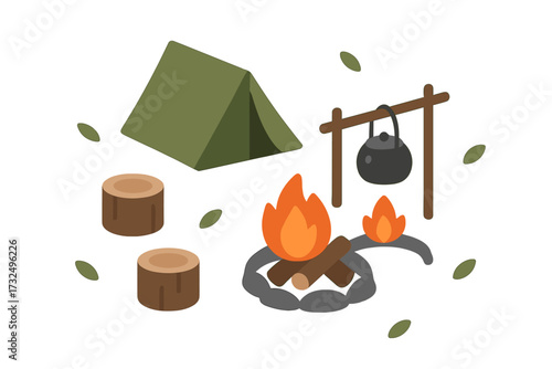 Isometric outdoor camping scene with green tent, warm campfire, cooking pot, and tree stumps for a wilderness adventure