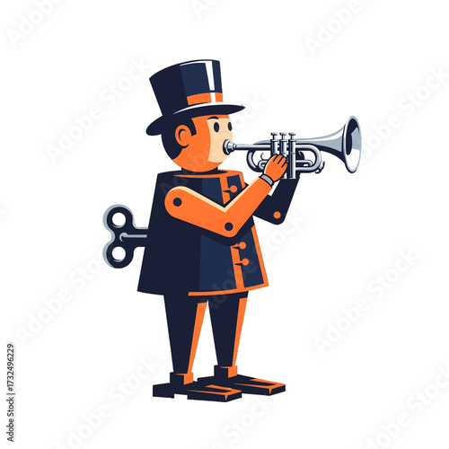 Windup Toy Trumpeter Playing Music with Top Hat and Uniform.
