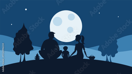 Family Silhouette Enjoying Moonlight Picnic Under the Stars in a Peaceful Landscape