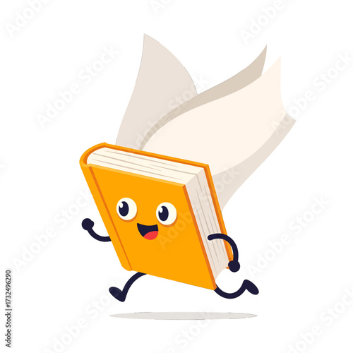 Animated book running with open pages, happy and cheerful.