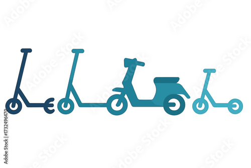 Modern urban mobility vehicles including kick scooters and a classic retro style motor scooter for city transportation