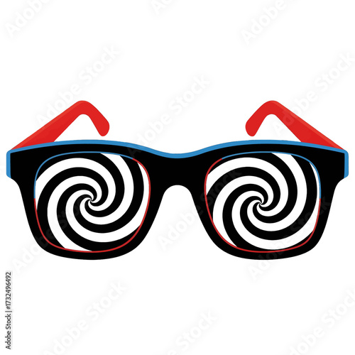 Hypnotic glasses with swirling patterns create optical illusions.