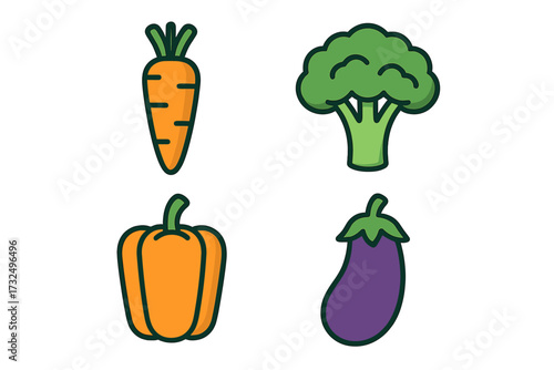 Vibrant collection of fresh garden vegetables featuring a carrot, broccoli, bell pepper, and eggplant for healthy eating