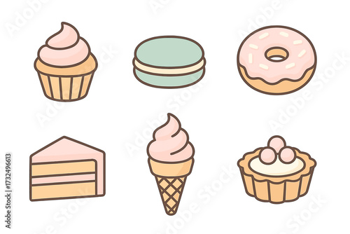 Collection of various sweet desserts and baked goods including cupcake, macaron, donut, cake slice, ice cream cone, and fruit tart