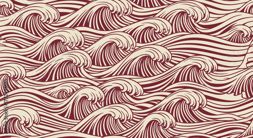 Decorative ocean waves in maroon and cream color. Seamless pattern. Vector art