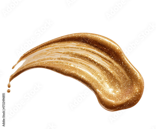 A shimmering golden cosmetic smear with glitter particles, isolated on a transparent background, showcasing a luxurious texture and radiant glow for beauty and makeup applications