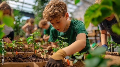 Child exploring soil in garden, young boy engaged in planting activities, surrounded by greenery and nature's textures.