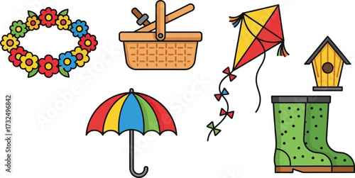 Outdoor activity floral wreath garland, basket, kite, birdhouse, umbrella and rain boot vector illustration icon 