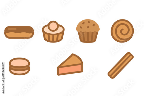 Delicious sweet baked goods and confectionery items including eclairs, cupcakes, macarons, cinnamon rolls, and cake slices