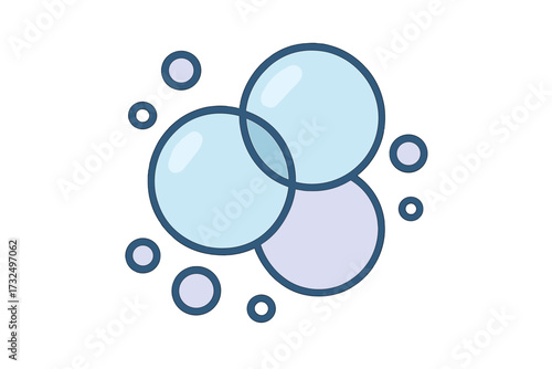 Abstract light blue and purple transparent circles grouped together like effervescent soap bubbles or foam