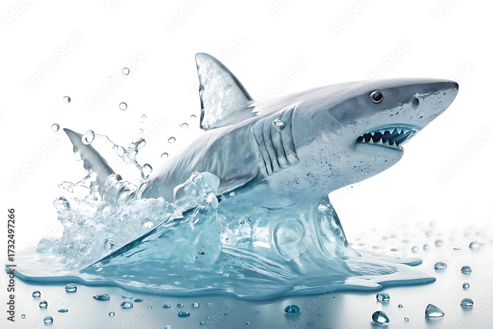 Fototapeta premium Majestic Shark Leaping From Cool Water A Stunning Aquatic Display of Strength and Beauty in a Dynamic Splash