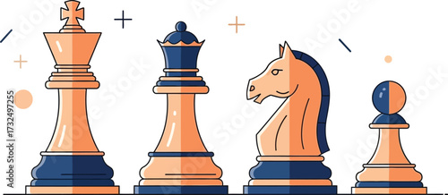 King, queen, knight, and pawn chess pieces challenge