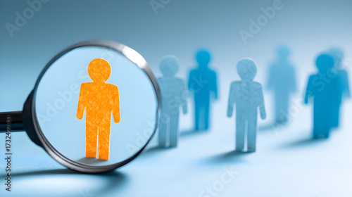 Magnifying glass focusing on orange figure among blue silhouettes representing individuality concept