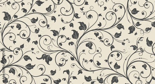 Elegant floral pattern with swirling dark gray vines & leaves