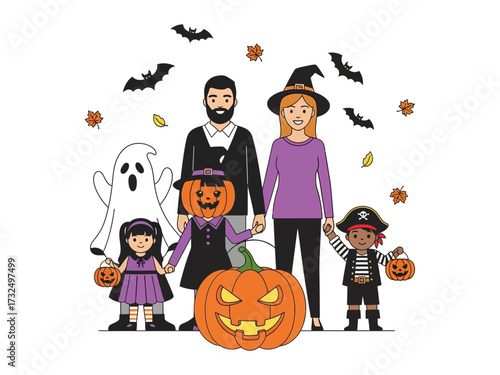 Halloween Family: A spirited Halloween celebration featuring a family dressed in costumes, embracing the joy of the season. A pumpkin and Halloween elements, this image shows the joy of the season.