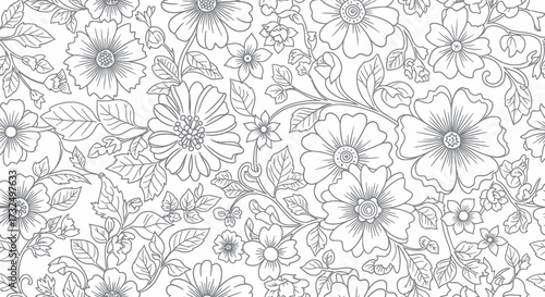 Floral seamless pattern with flowers and leaves, sketched in gray