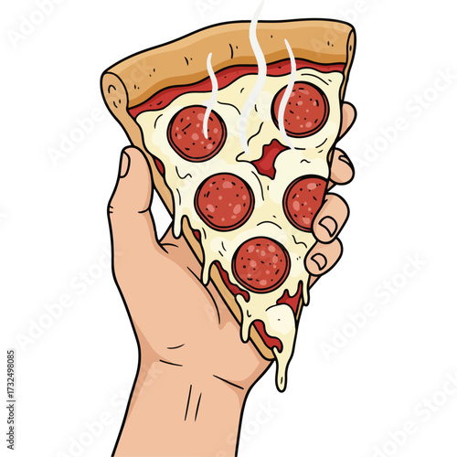 A view of a hand holding a slice of hot, cheesy pepperoni pizza. This classic fast food illustration is perfect for a pizzeria menu, food delivery ad, or Italian-American food project.