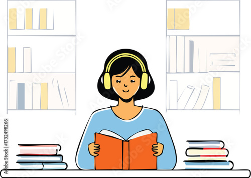 Woman Reading Book at Study Table with Headphones - Education and Focus Vector