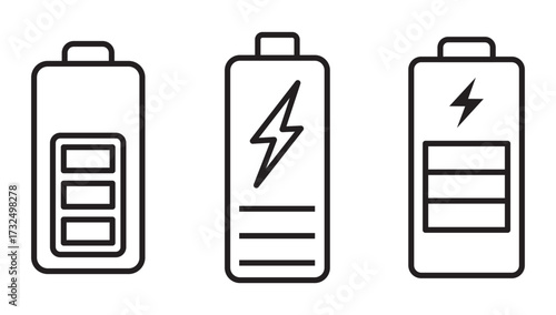 Full Battery Icon Set – Outline and Minimal Symbols for Power, Charging, and Energy Design