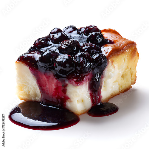 A slice of blueberry grunt dessert with sauce, isolated on white background.