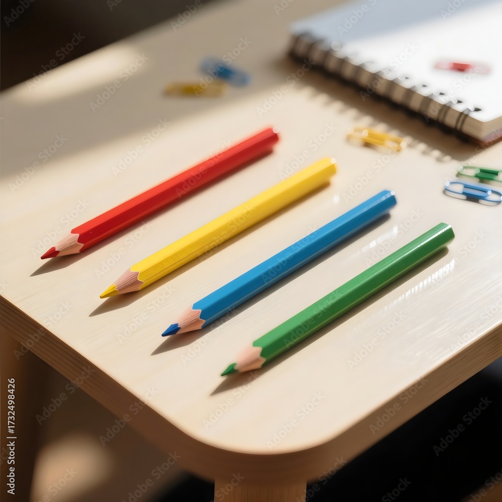 Obraz premium Primary Colored Pencils and Notebook on Wooden Desk in Sunlight