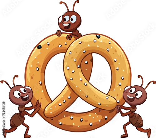 Funny Cartoon Ants Carrying Giant Salted Pretzel - Teamwork and Food Vector