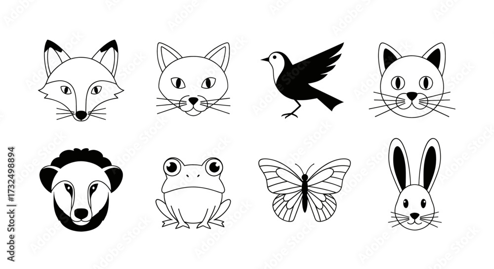 Obraz premium Charming set of simple line art animal icons for design