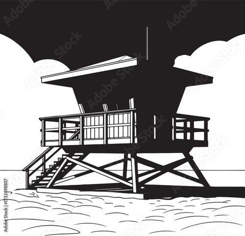 Black and white illustration of modern lifeguard tower with stairs and railings in high contrast setting.
